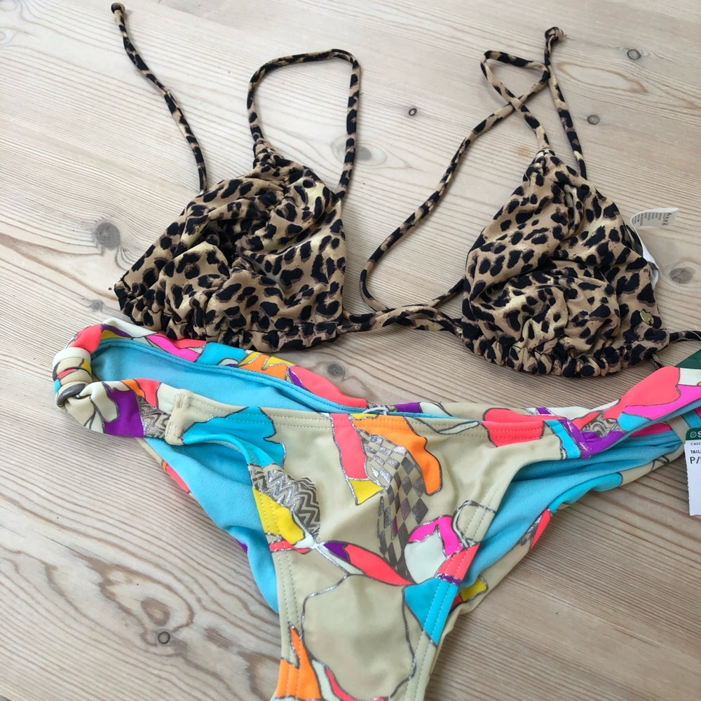 Simons Leopard Print Triangle Bikini Top with Multicolor Patterned Bottom